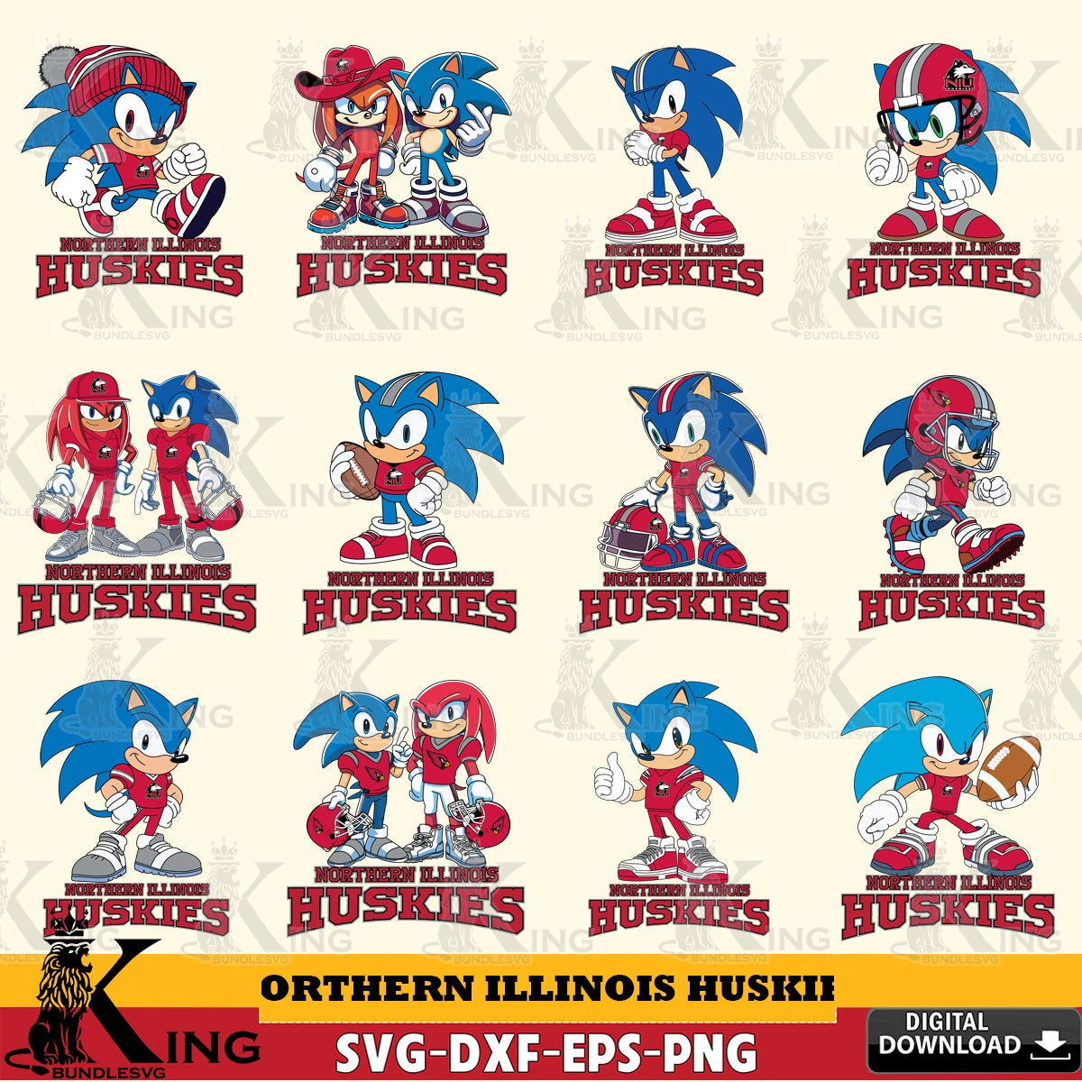 Jumbo collection of Northern Illinois Huskies Sonic & Knuckles NCAA Football Bundle vector digital clipart compatible with laser
