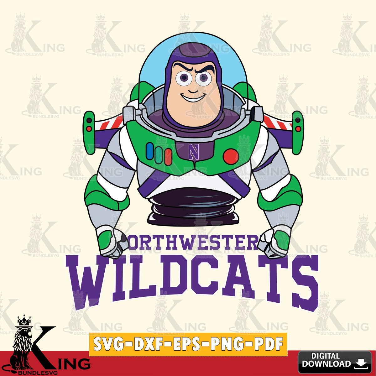 High-quality graphic of Northwestern Wildcats Buzz Lightyear Football, NCAA File cut, SVG PNG files perfect for Cricut and