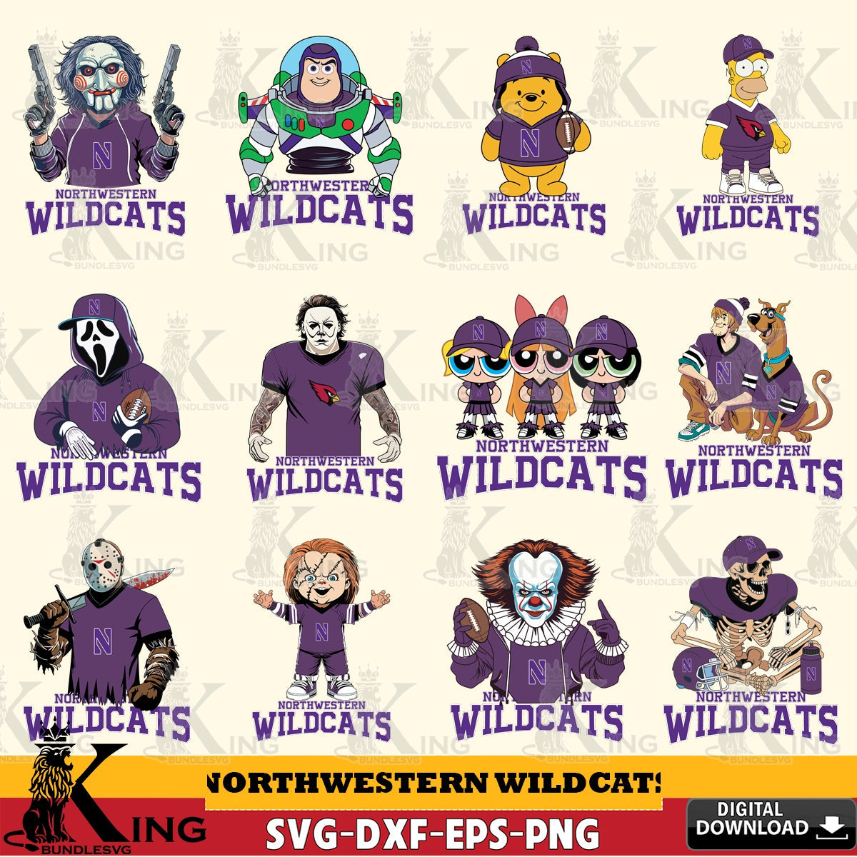Massive pack of Northwestern Wildcats Cartoon Football NCAA Bundle for SVG PNG files perfect for Cricut and Silhouette cutting.