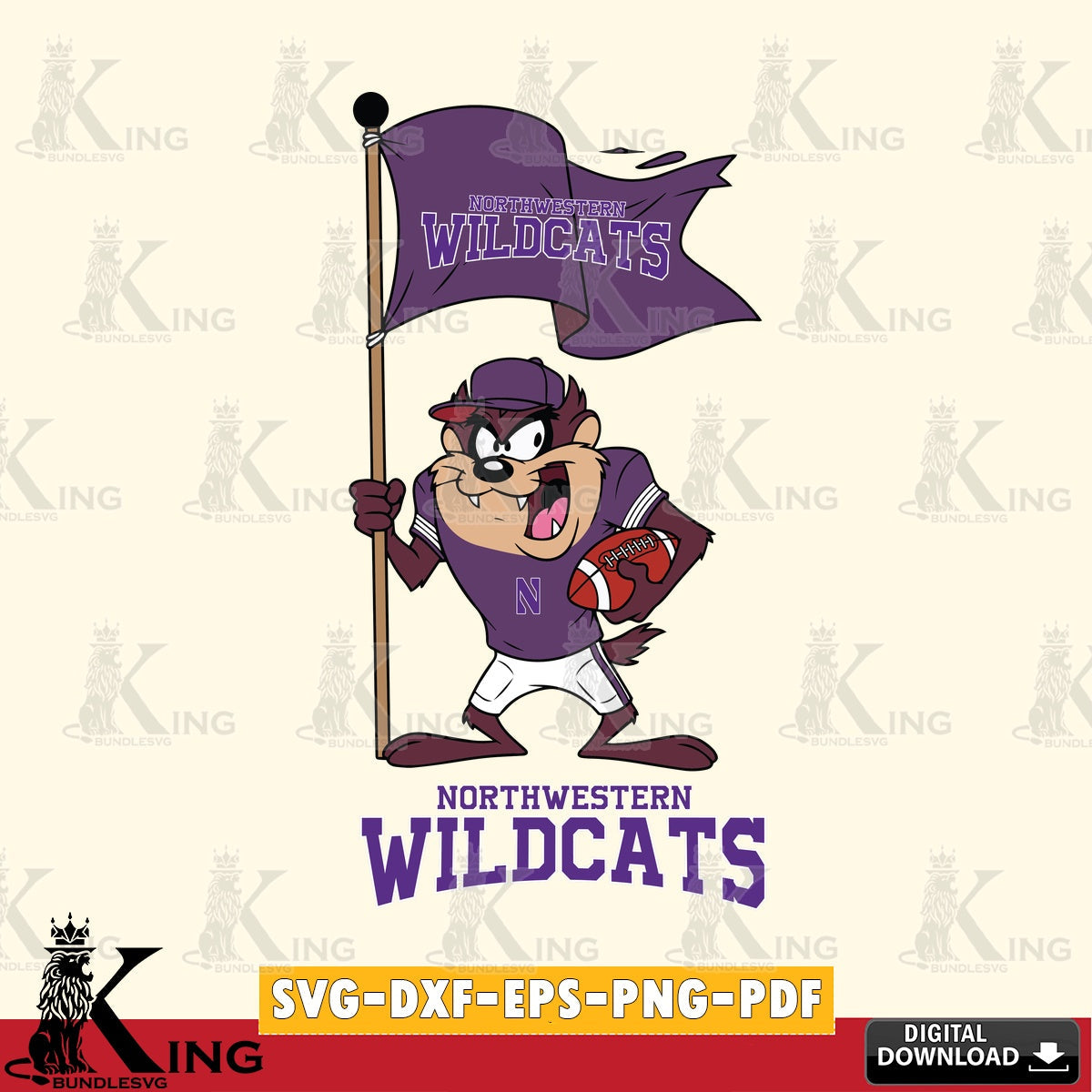 Northwestern Wildcats Football Taz Flag Art SVG file, Cut file  , Digital Download , Instant Download, Taz svg, NCAA svg