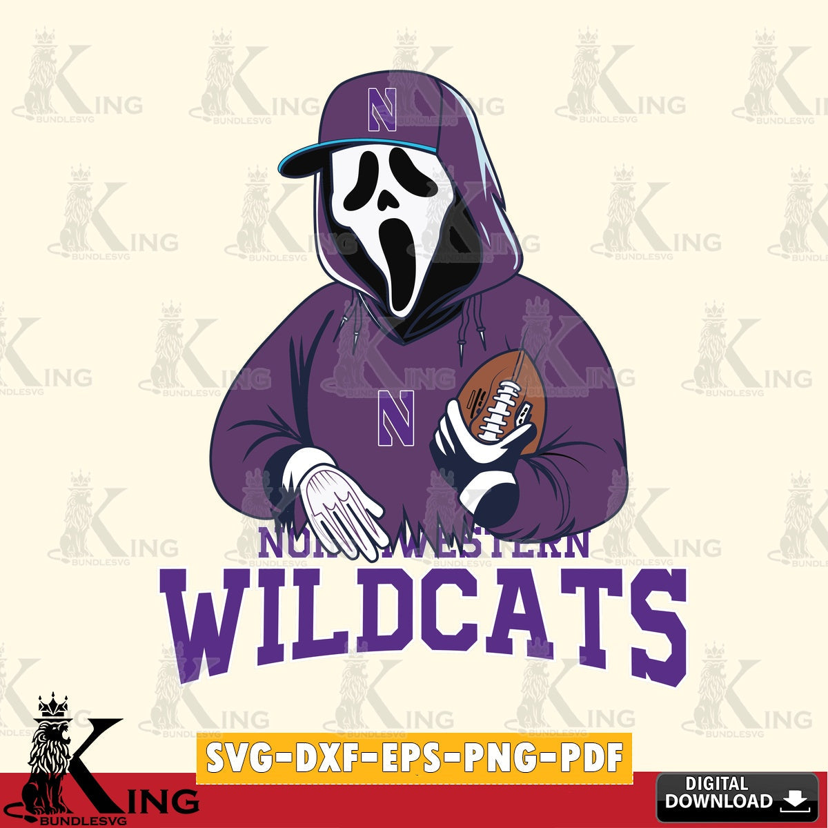 Digital clipart of Northwestern Wildcats Ghostface Scream football player, digital clipart compatible with laser engraving and