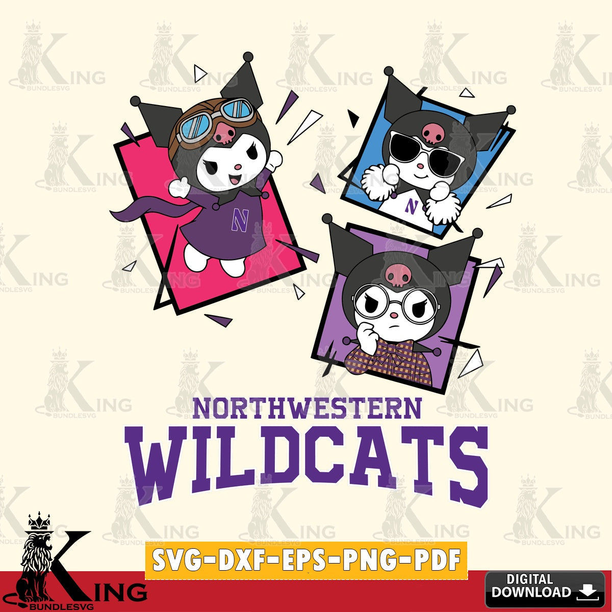 Northwestern Wildcats Kuromi Action Football SVG file, Cricut, Cut file  , Digital Download , Instant Download, Sanrio svg, Clipart