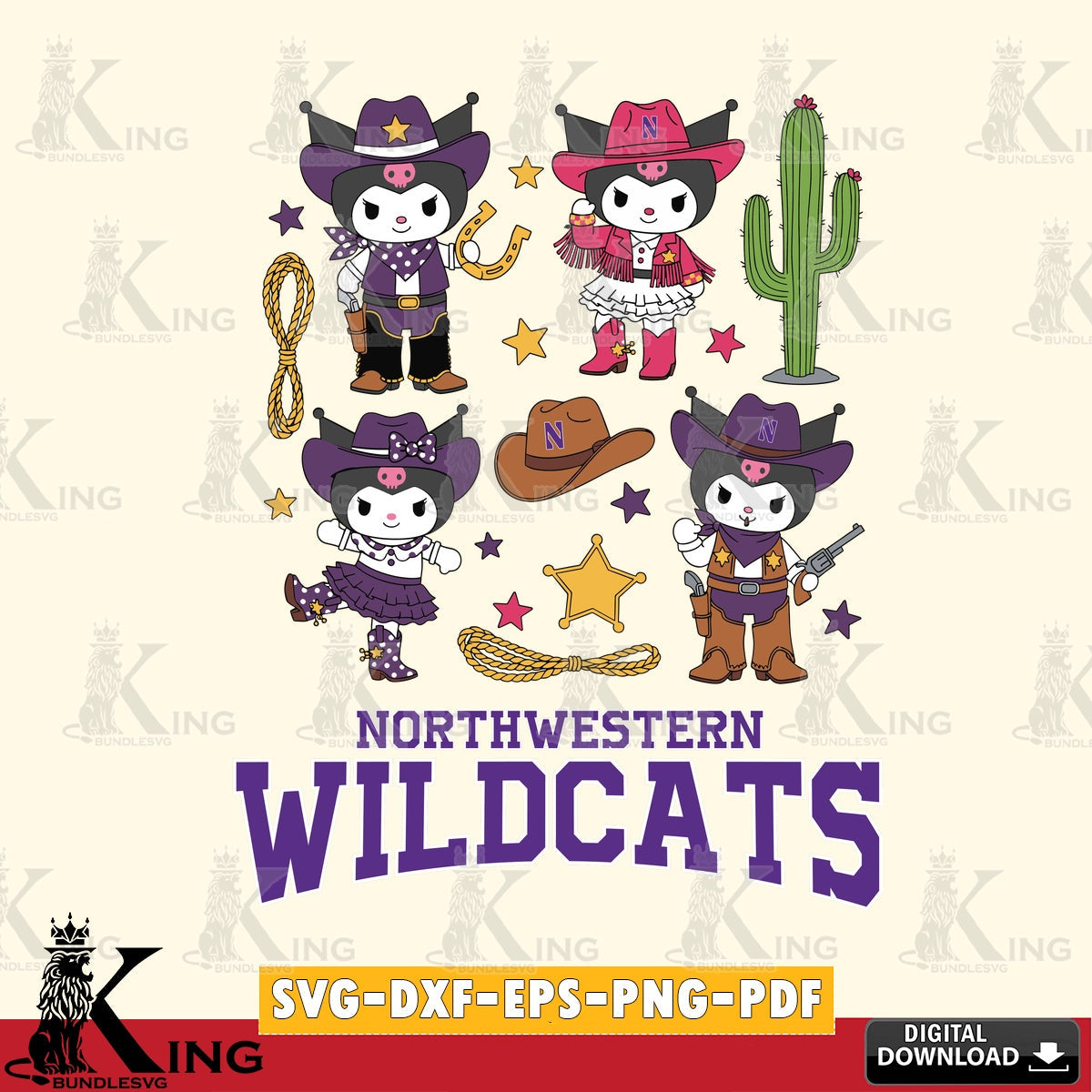Northwestern Wildcats Kuromi Cowboy Western SVG file, Cricut, Cut file  , Digital Download , Instant Download, Sanrio svg, Clipart