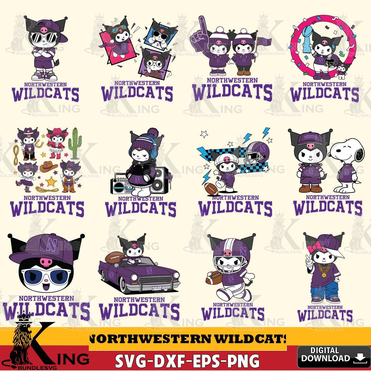 Northwestern Wildcats Kuromi Football Jersey NCAA Bundle SVG file, Cricut, Cut file  , Digital Download , Instant Download, Sanrio svg, Clipart