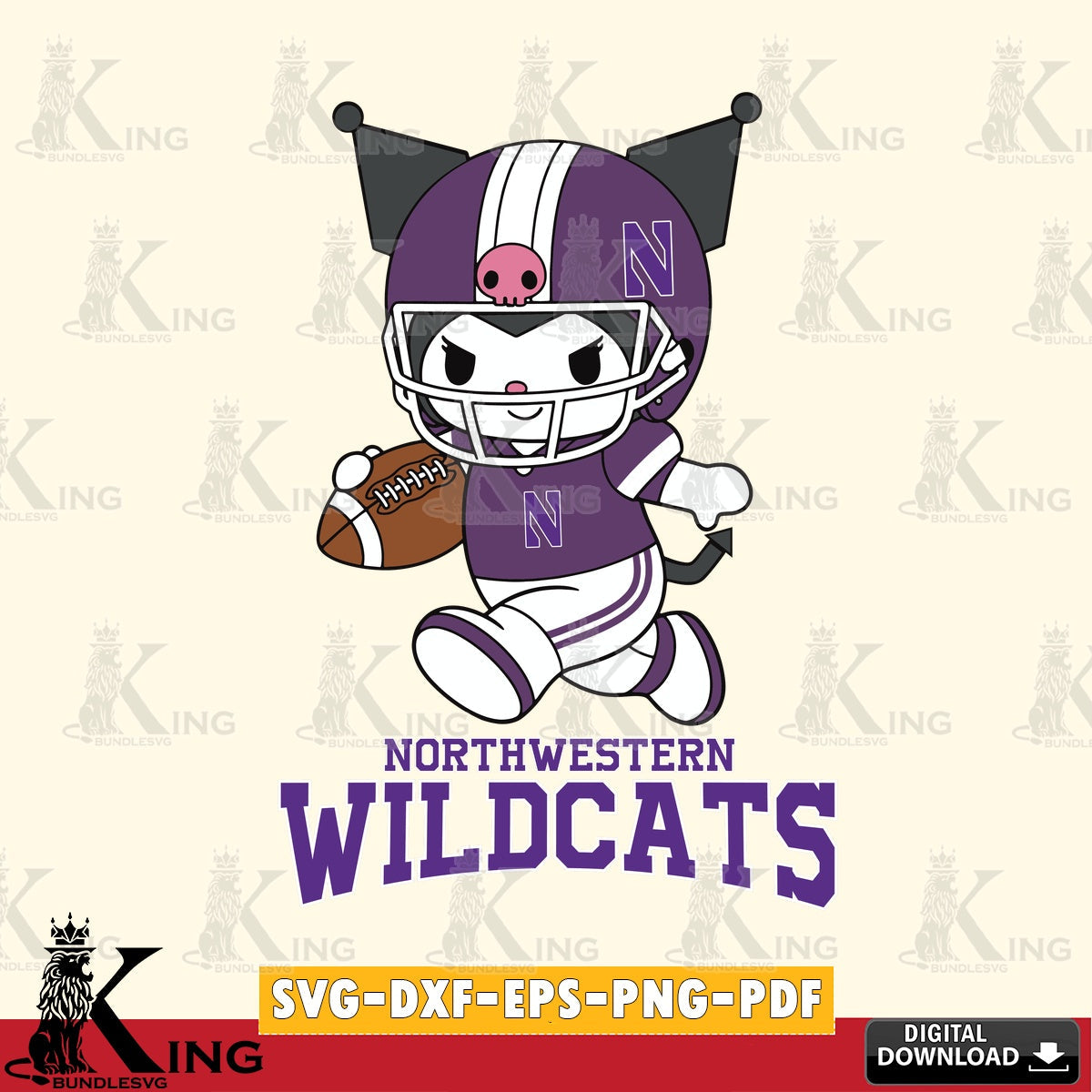 Northwestern Wildcats Kuromi Football Run SVG file, Cricut, Cut file  , Digital Download , Instant Download, Sanrio svg, Clipart