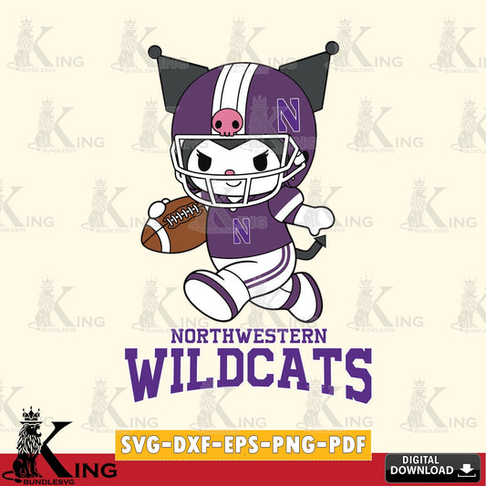 Northwestern Wildcats Kuromi Football Run SVG file, Cricut, Cut file  , Digital Download , Instant Download, Sanrio svg, Clipart