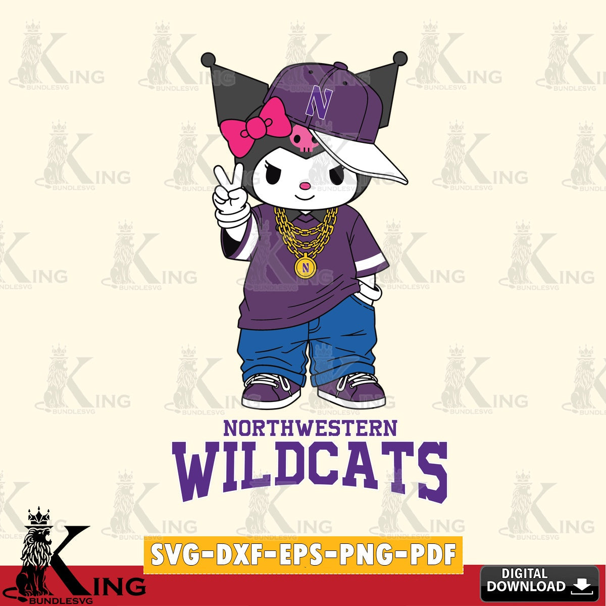 Northwestern Wildcats Kuromi Streetwear Style SVG file, Cricut, Cut file  , Digital Download , Instant Download, Sanrio svg, Clipart