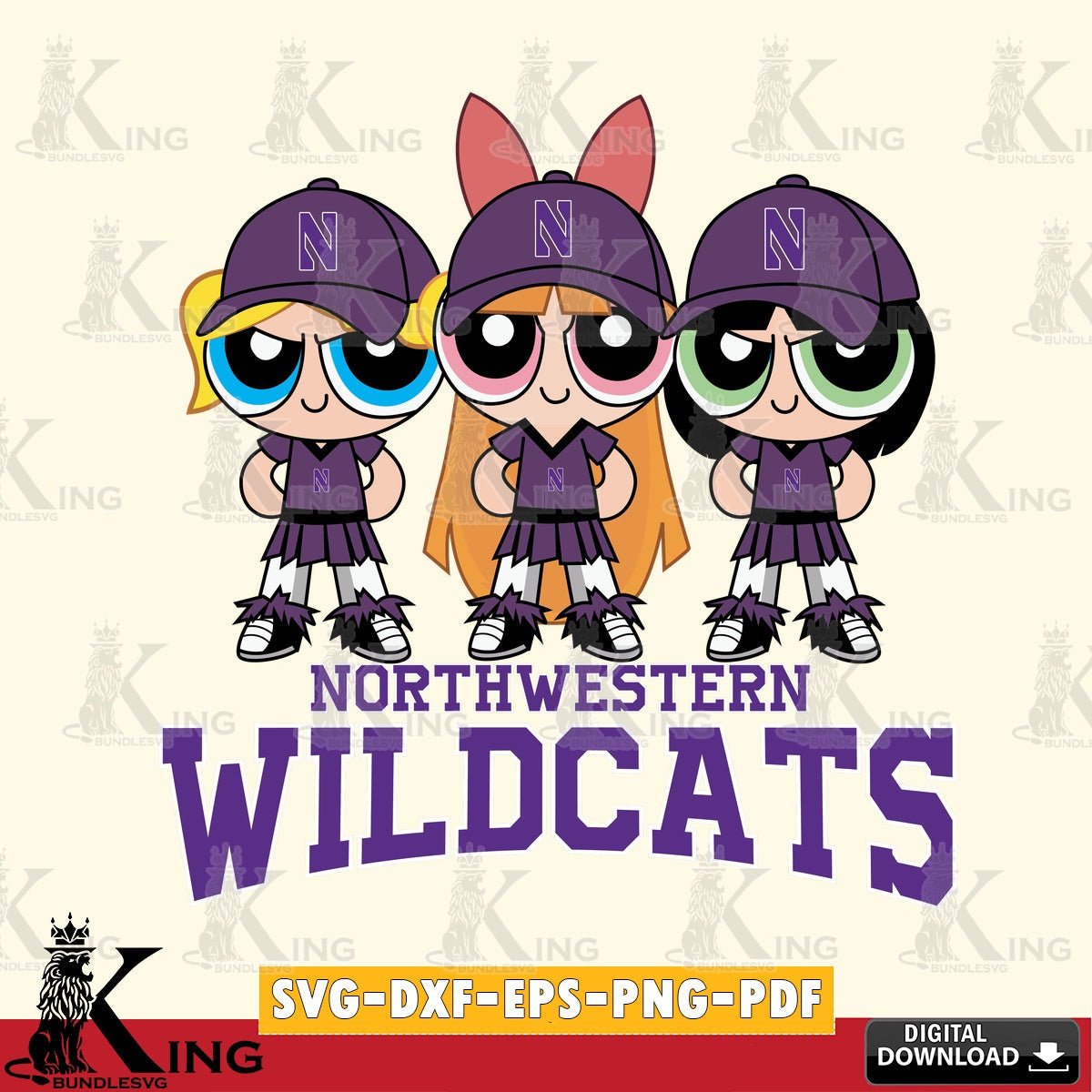Custom design featuring Northwestern Wildcats PowerPuff Girls Football, SVG cut file for personalized gifts and laser projects