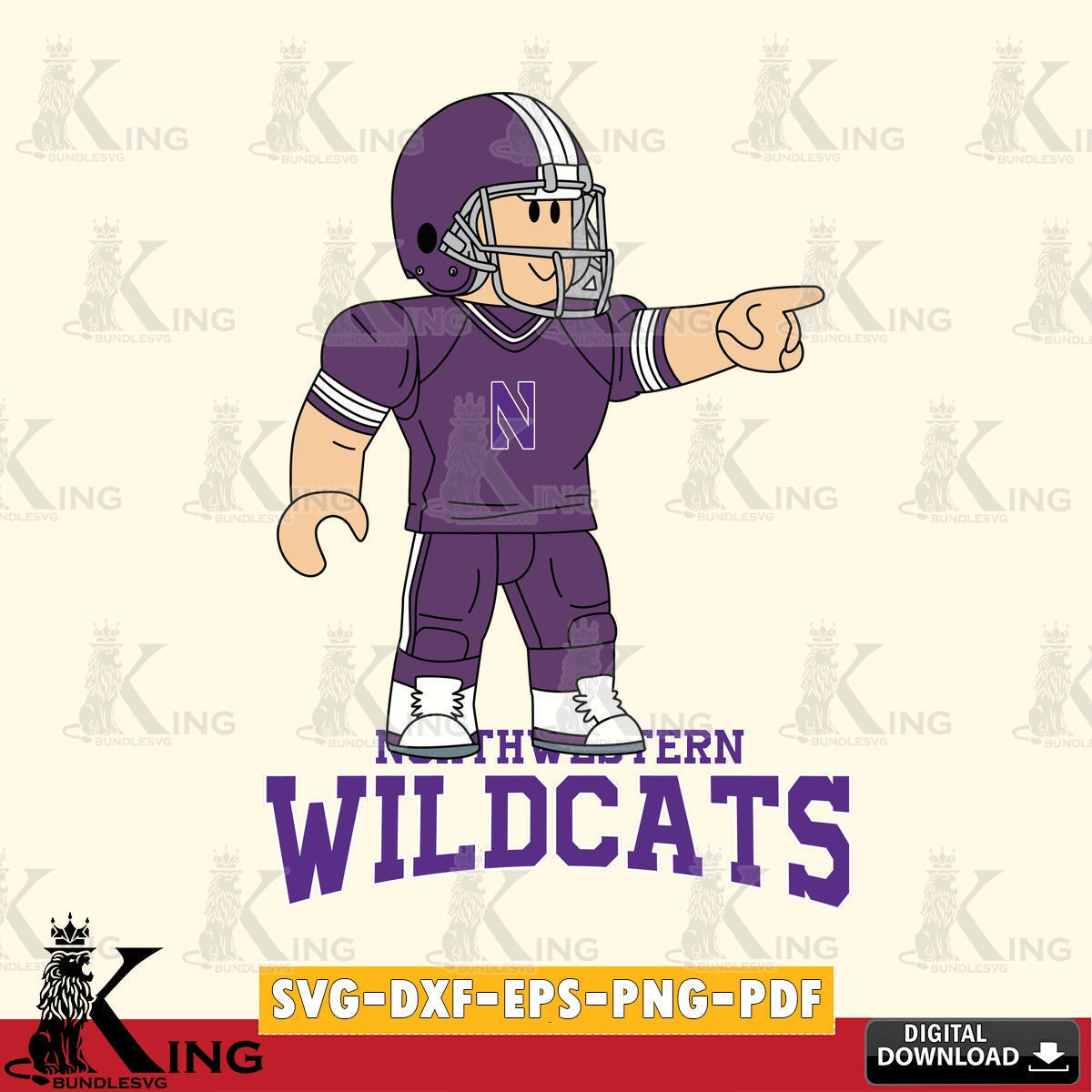 Hand-drawn style art of Northwestern Wildcats Roblox player football, NCAA Cricut, digital clipart compatible with laser