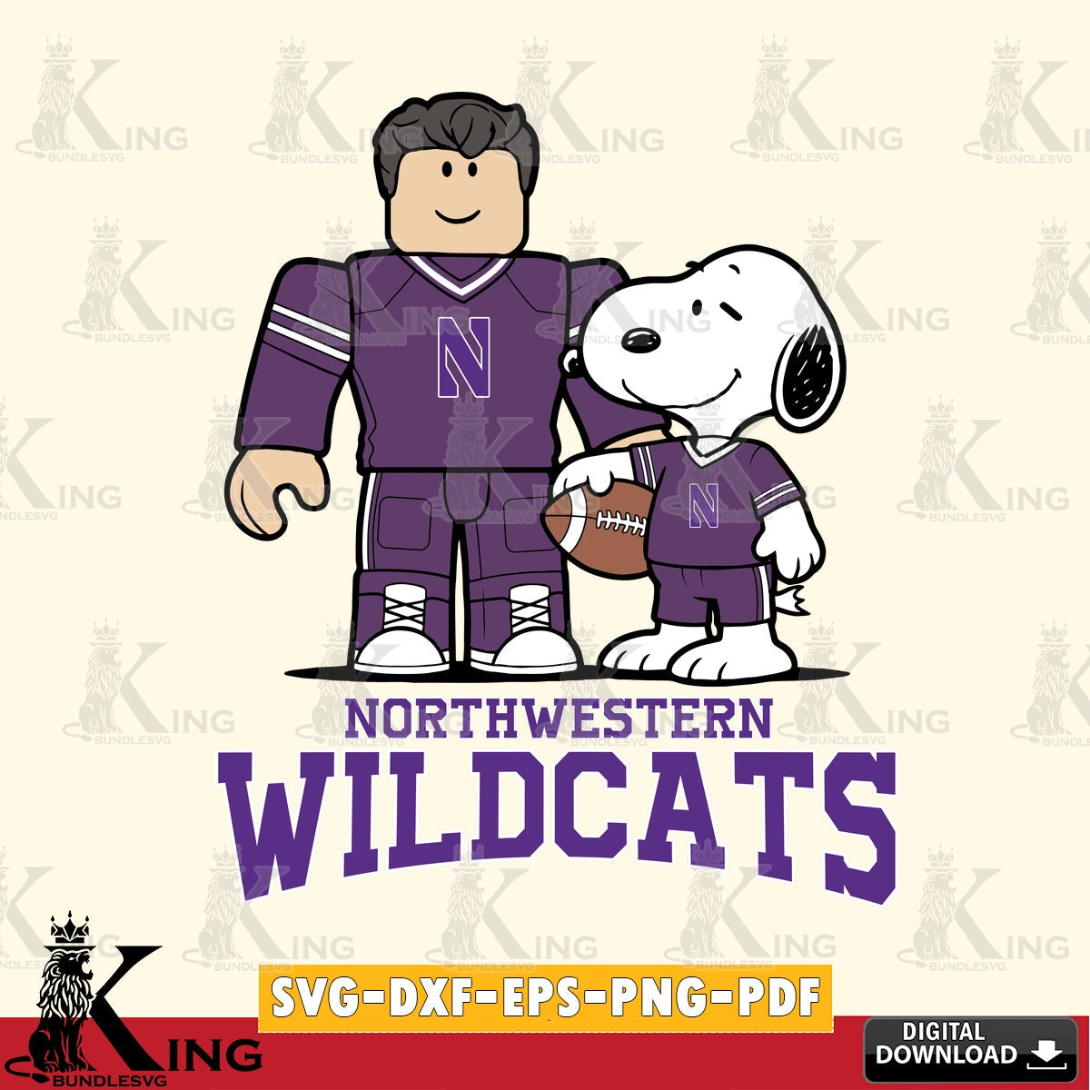 Eye-catching graphic of Northwestern Wildcats Roblox Snoopy Football, crafting file for iron-on transfer and vinyl decals.