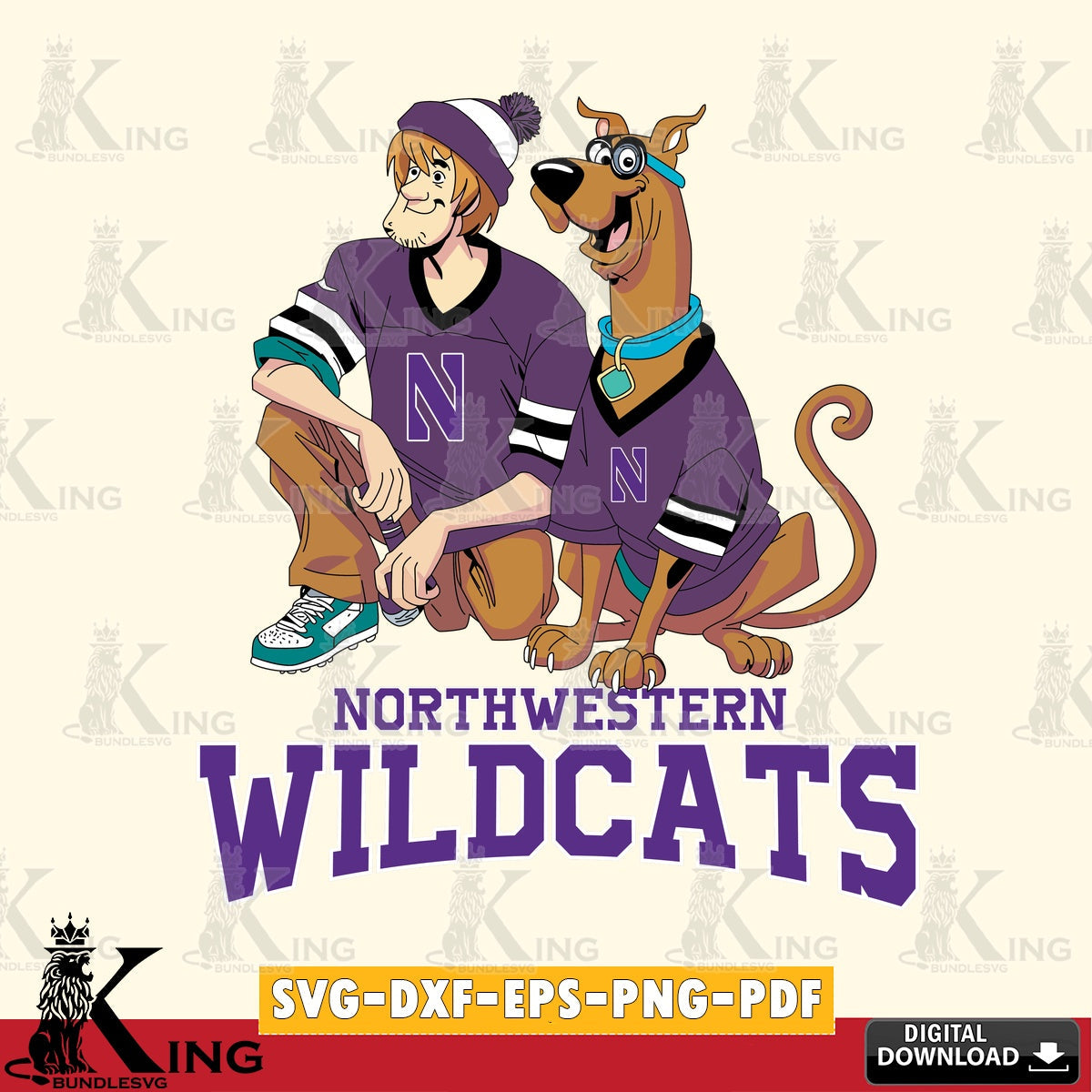 Hand-drawn style art of Northwestern Wildcats Shaggy and Scooby Doo football, a digital file for silhouette cameo and cricut