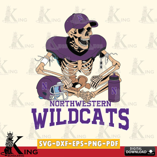 Custom design featuring a Northwestern Wildcats skeleton football player, a cut file ideal for vinyl projects and T-shirt