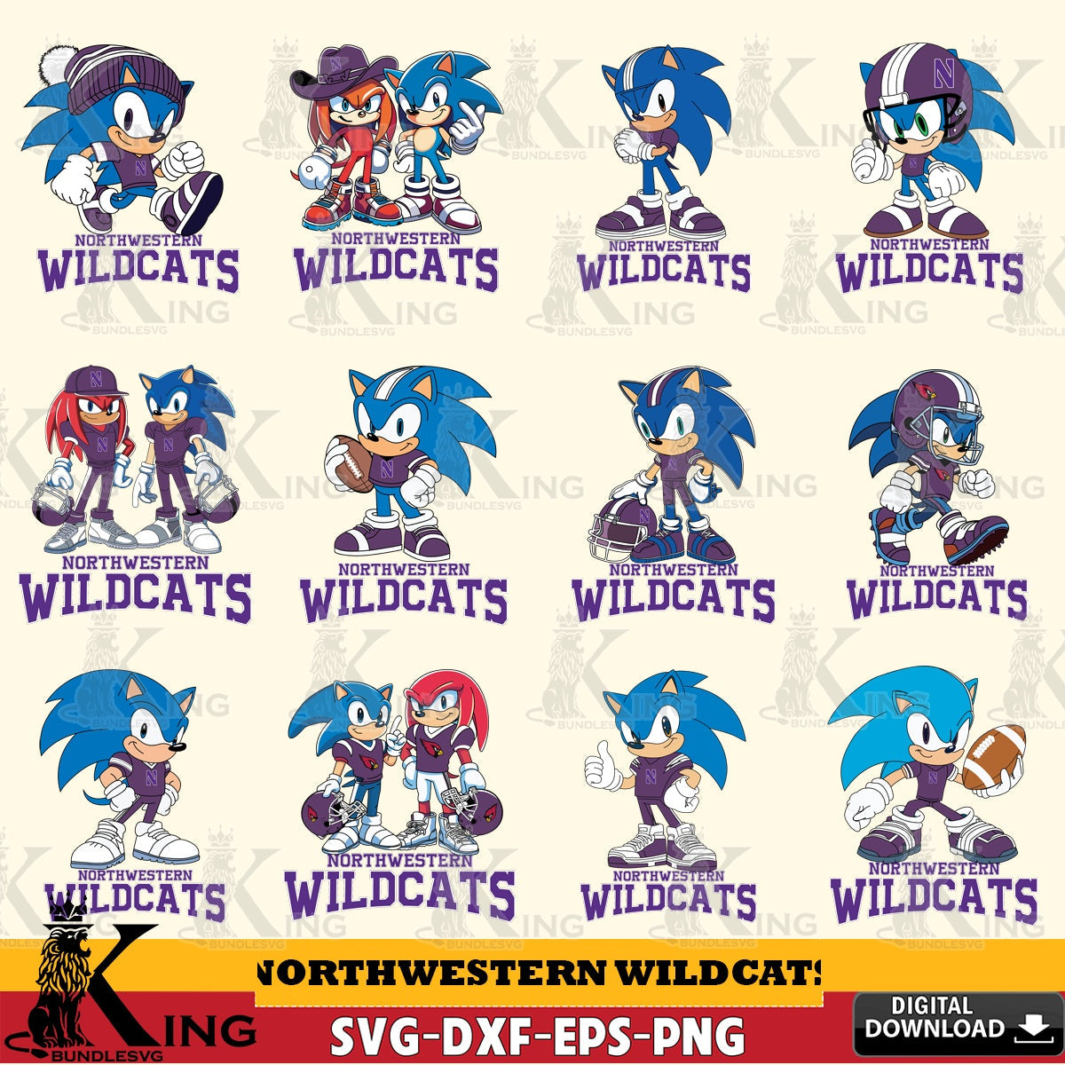 Comprehensive collection of Northwestern Wildcats Sonic & Knuckles NCAA Football Bundle vector art for engraving, cutting, and