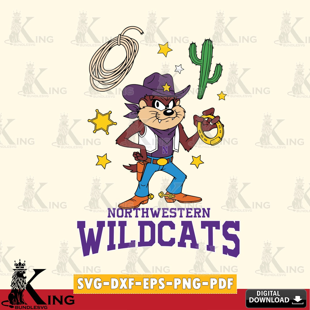 Northwestern Wildcats Taz Cowboy Western SVG file, Cut file  , Digital Download , Instant Download, Taz svg, NCAA svg
