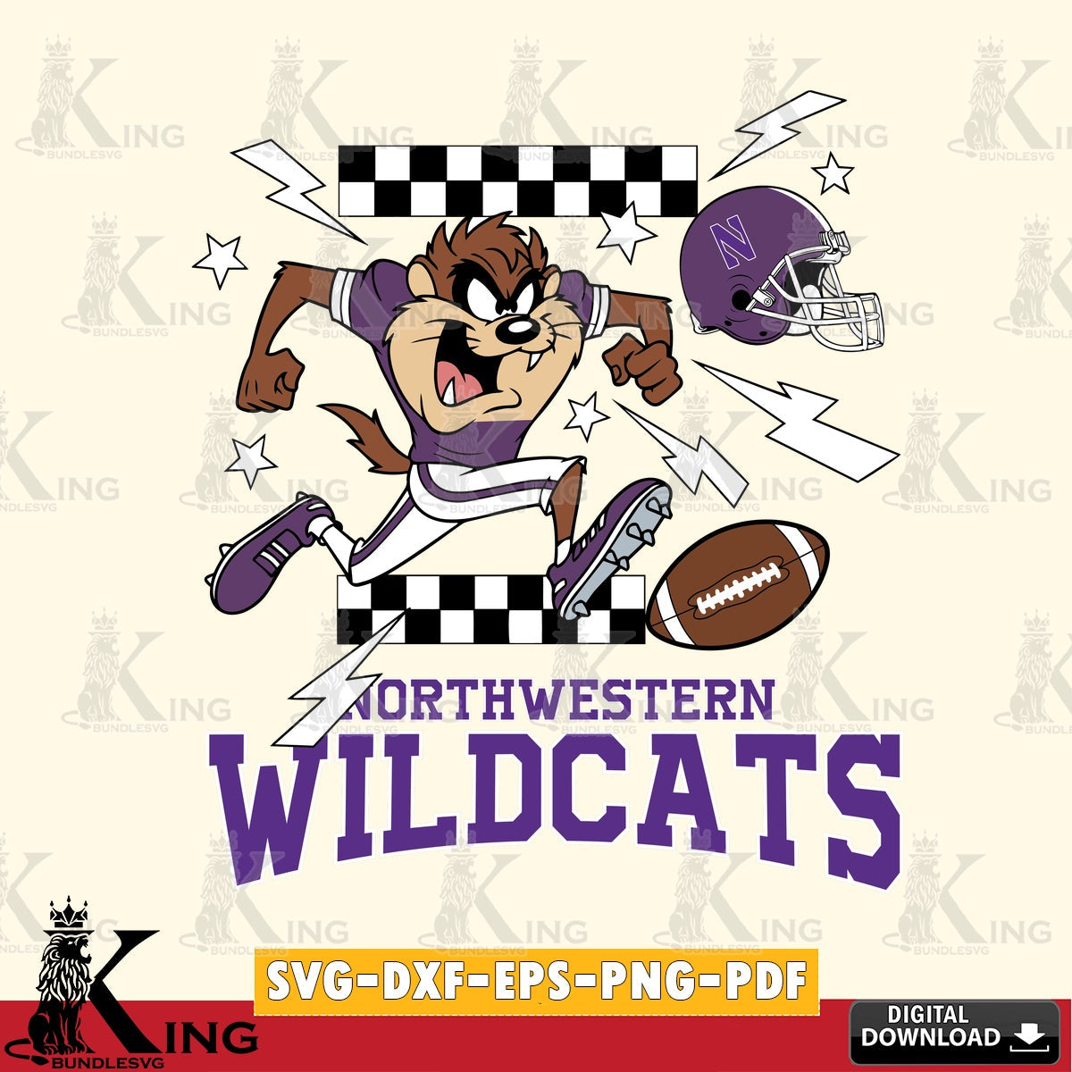 Northwestern Wildcats Taz Football Lightning SVG file, Cut file  , Digital Download , Instant Download, Taz svg, NCAA svg