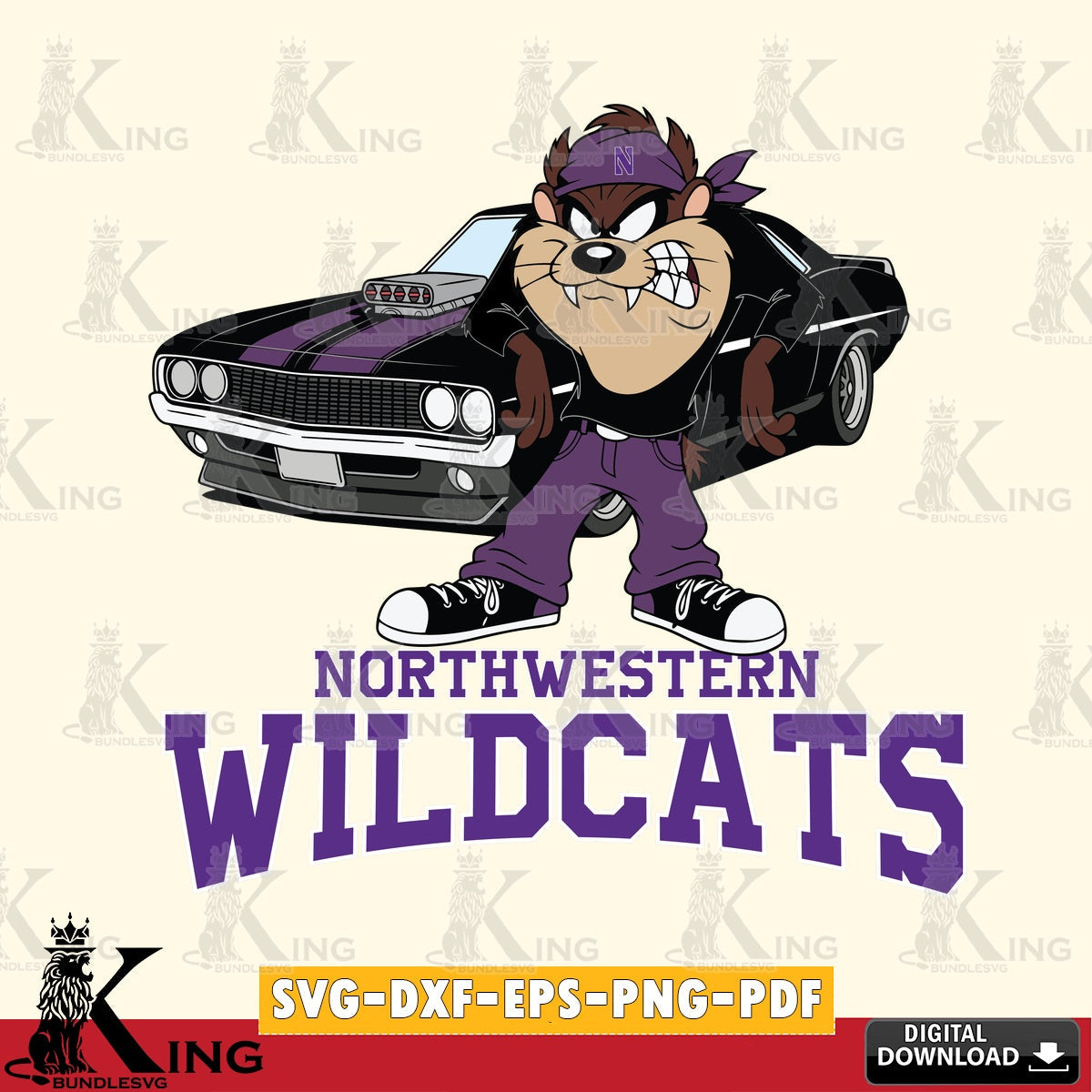Northwestern Wildcats Taz Racing Car SVG file, Cut file  , Digital Download , Instant Download, Taz svg, NCAA svg