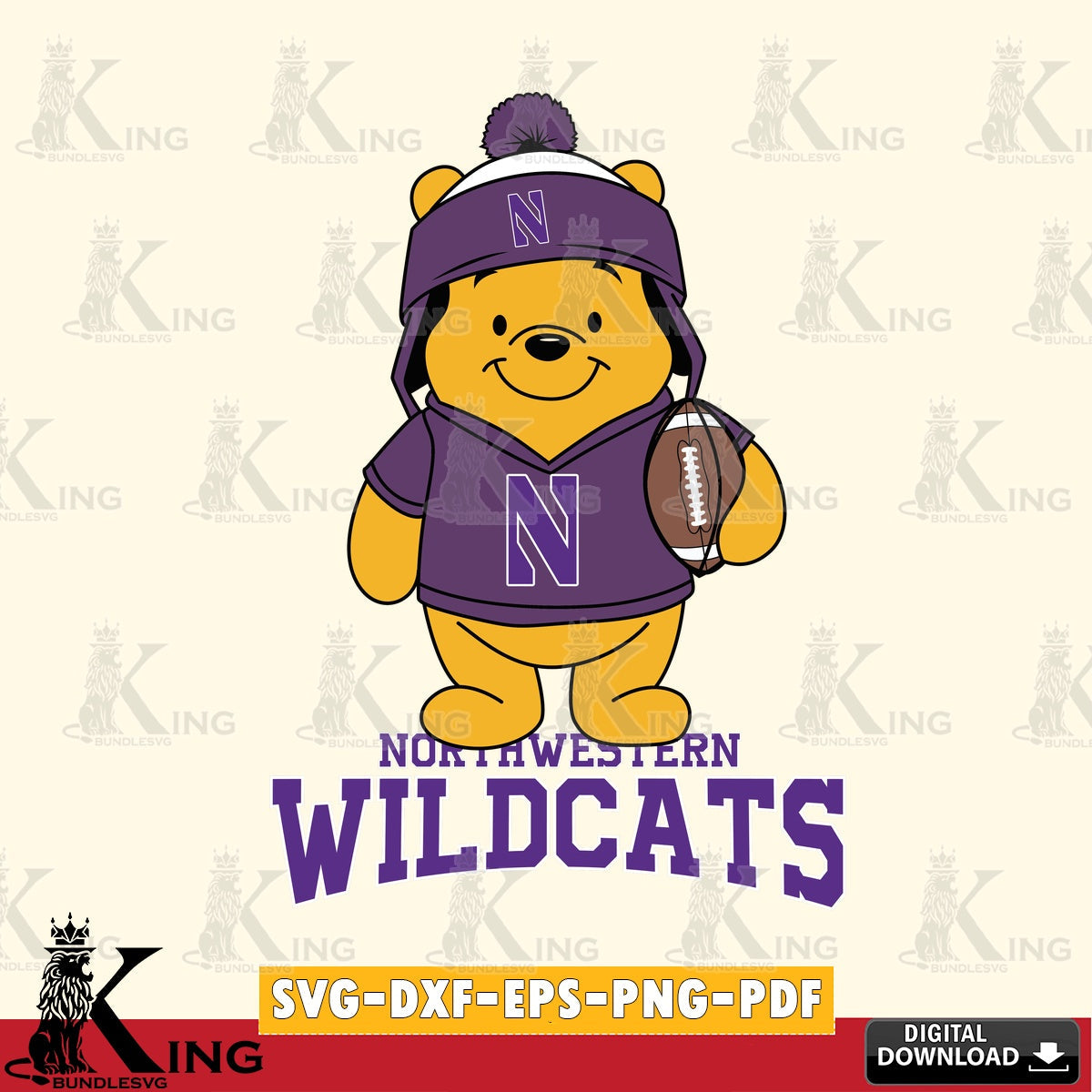 Eye-catching graphic of a Northwestern Wildcats Winnie the Pooh player in football vector art for engraving, cutting, and