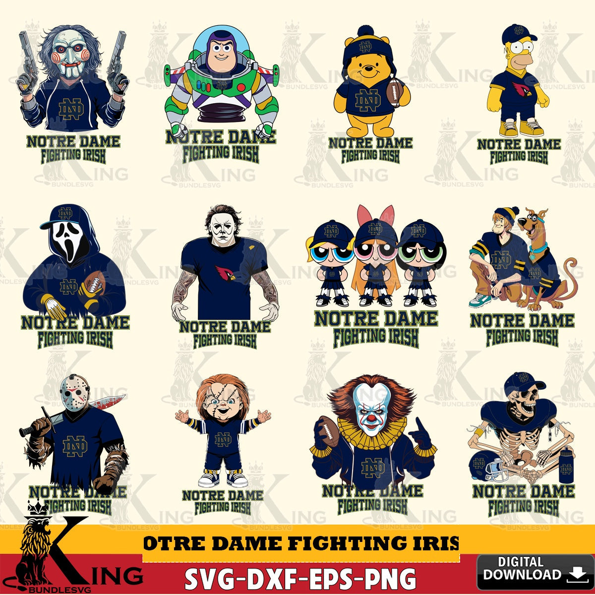 Huge collection of Notre Dame Fighting Irish cartoon football NCAA bundle for Cricut, NCAA cut file, digital clipart compatible