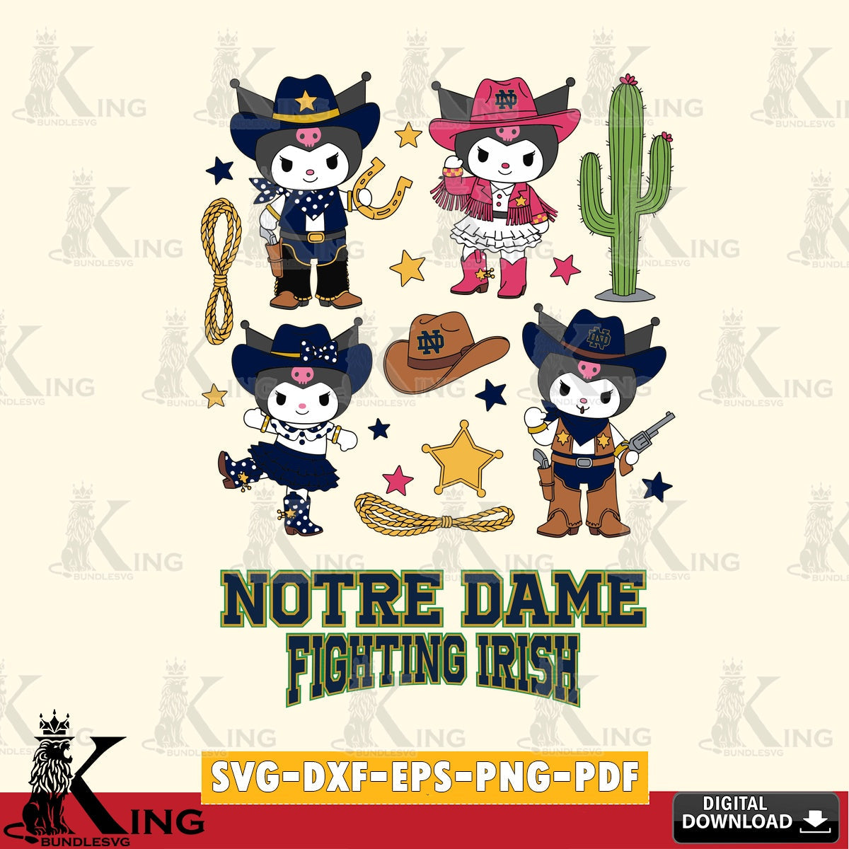 Notre Dame Fighting Irish Kuromi Cowboy Western SVG file, Cricut, Cut file  , Digital Download , Instant Download, Sanrio svg, Clipart