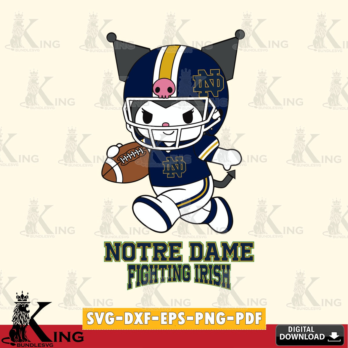 Notre Dame Fighting Irish Kuromi Football Run SVG file, Cricut, Cut file  , Digital Download , Instant Download, Sanrio svg, Clipart