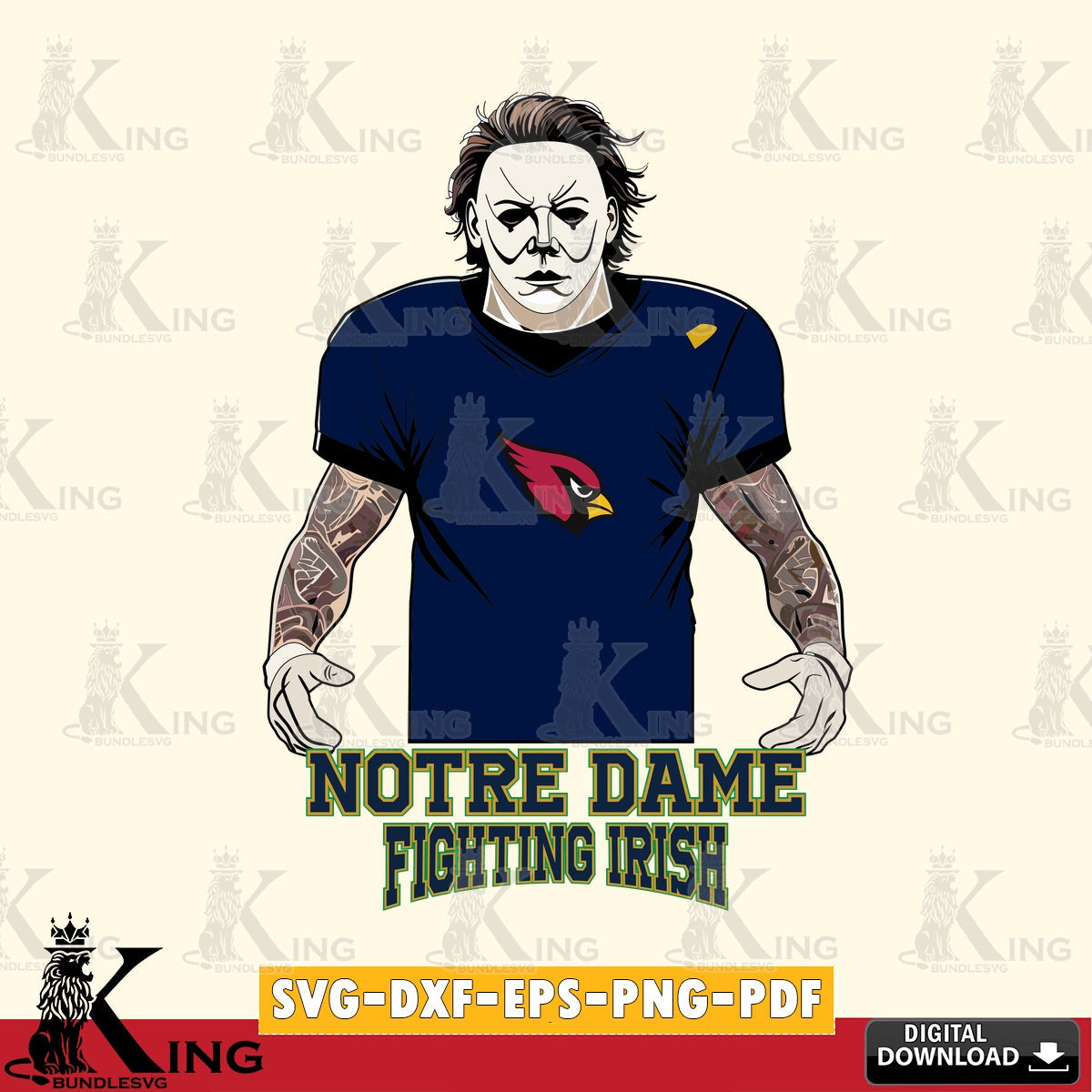 Printable art of Notre Dame Fighting Irish Michael Myers tattoo football, a high-quality vector for DIY scrapbooking and home