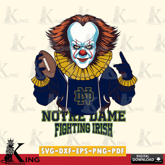 Custom design featuring Notre Dame Fighting Irish Pennywise football player, digital clipart compatible with laser engraving and