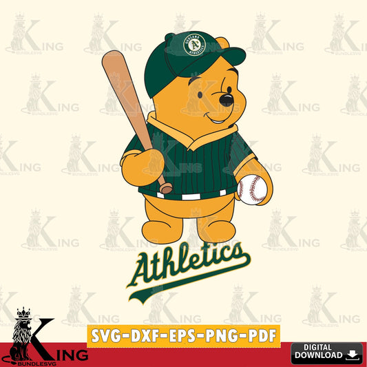 Eye-catching graphic of Oakland Athletics Baseball Batter Winnie the Pooh vector illustration for POD merchandise and apparel