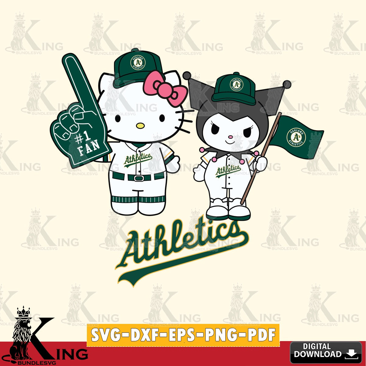 Mega bundle containing Oakland Athletics Hello Kitty Kuromi fan baseball SVG PNG design suitable for Glowforge and laser cutting