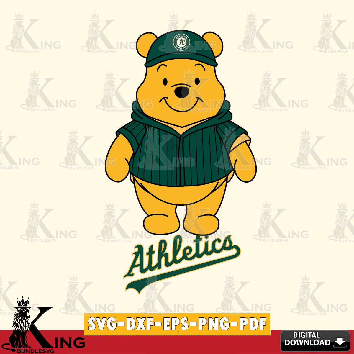 Digital clipart of Oakland Athletics Pooh Bear baseball mascot, a printable vector design for sublimation and crafts