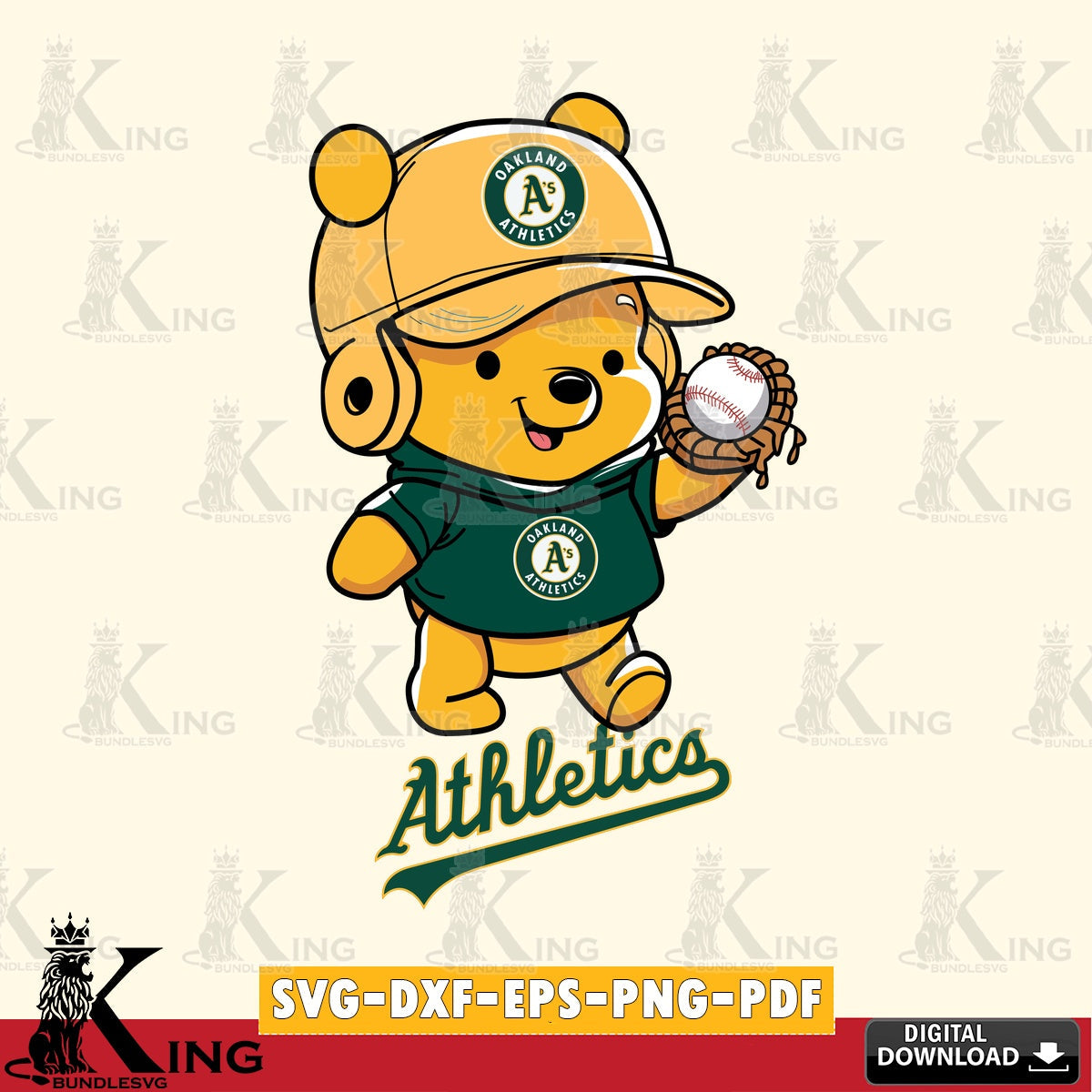 Digital download featuring Oakland Athletics Pooh Bear Baseball SVG PNG design suitable for Glowforge and laser cutting
