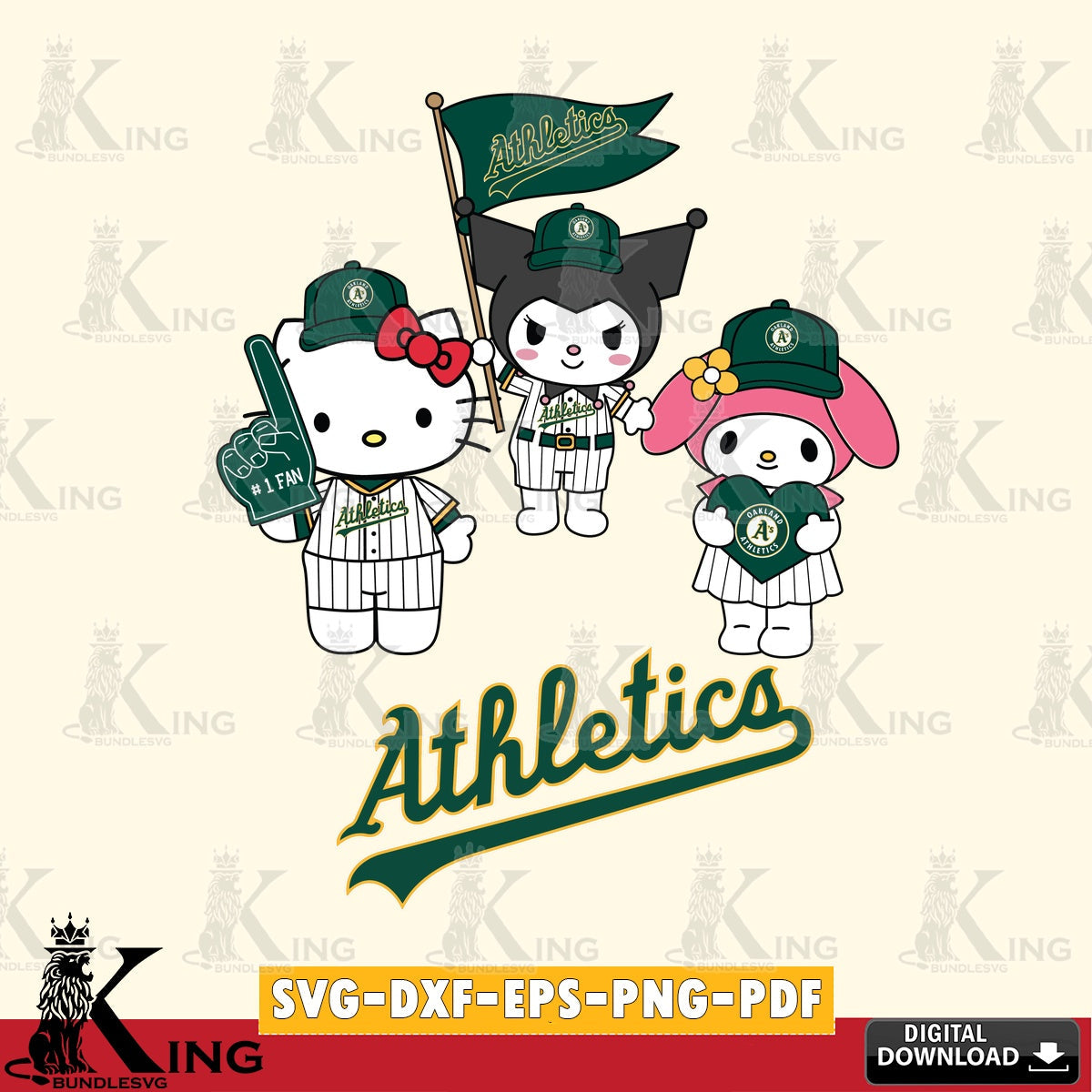 High-quality graphic of Oakland Athletics Sanrio Squad cute, vector illustration for POD merchandise and apparel
