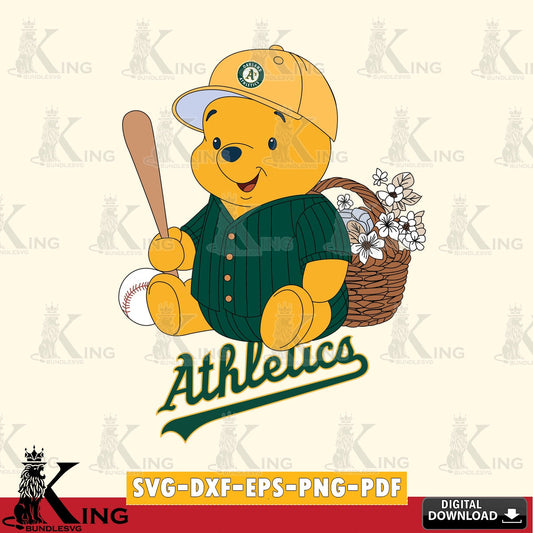 Artistic drawing of Oakland Athletics Winnie the Pooh Flower Baseball, printable vector design for sublimation and crafts