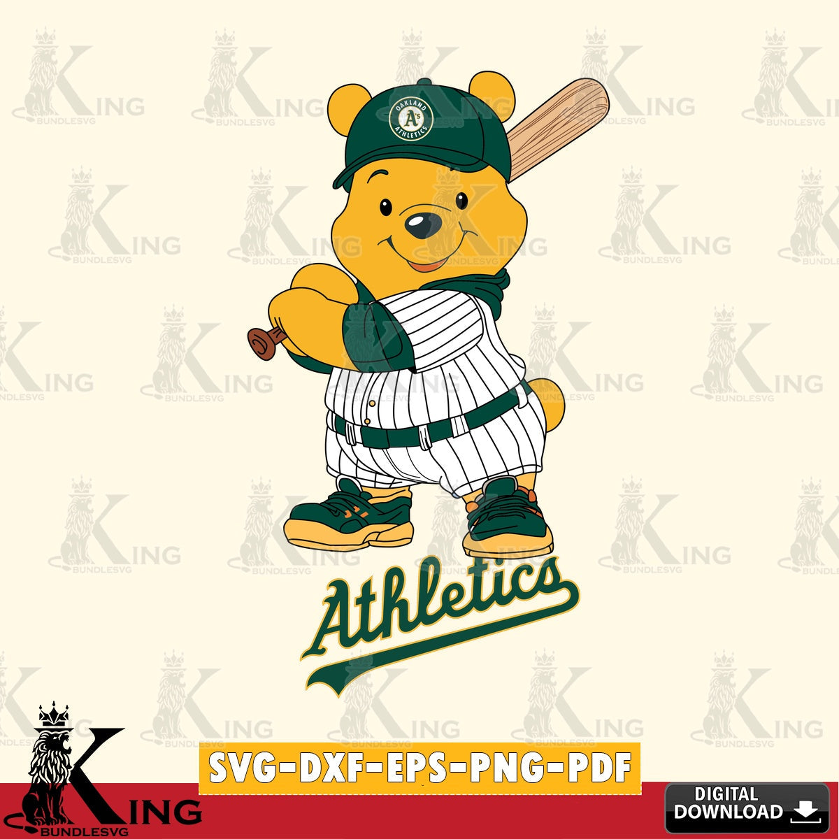 Custom design featuring Oakland Athletics Winnie the Pooh baseball player, a digital clipart compatible with laser engraving and