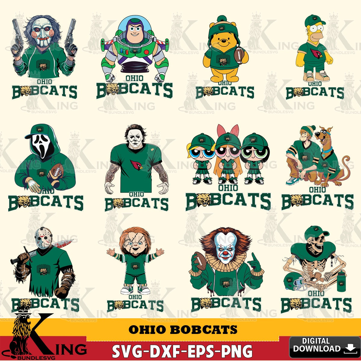 Mega bundle containing Ohio Bobcats cartoon football NCAA designs, a vector illustration for POD merchandise and apparel