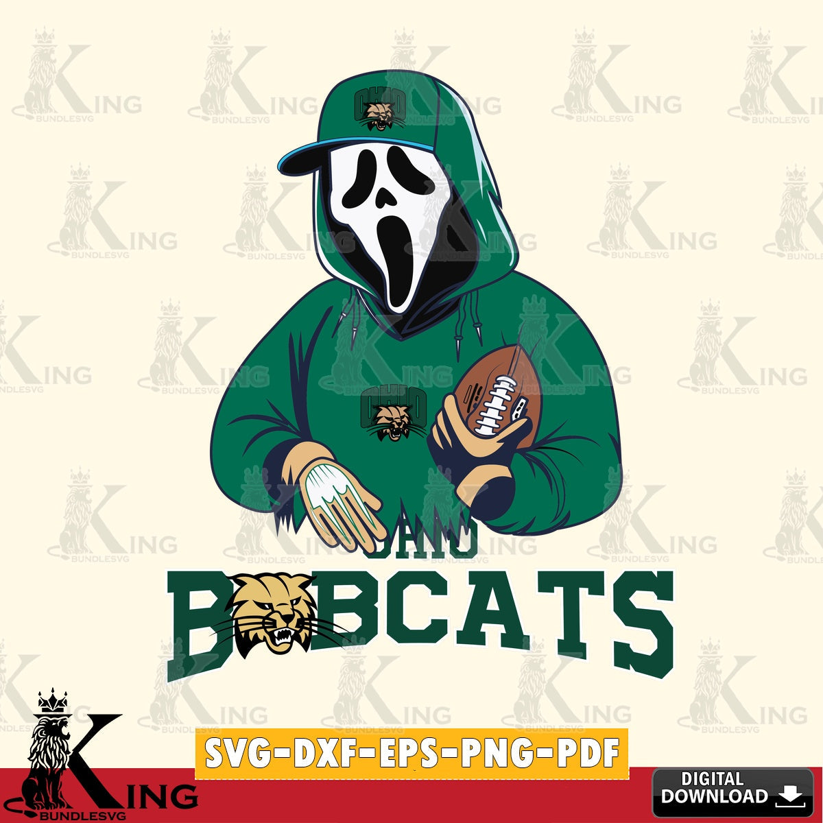 High-quality graphic of Ohio Bobcats Ghostface Scream player Football, SVG PNG design suitable for Glowforge and laser cutting