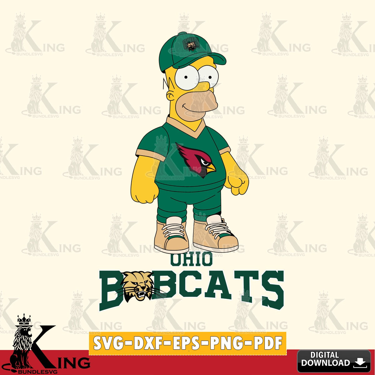 Unique artwork depicting Ohio Bobcats Homer Simpson football, NCAA, printable vector design for sublimation and crafts