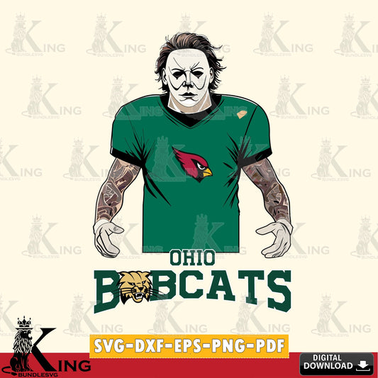 Unique artwork depicting an Ohio Bobcats Michael Myers tattoo football, PNG clipart for sublimation printing and graphic design