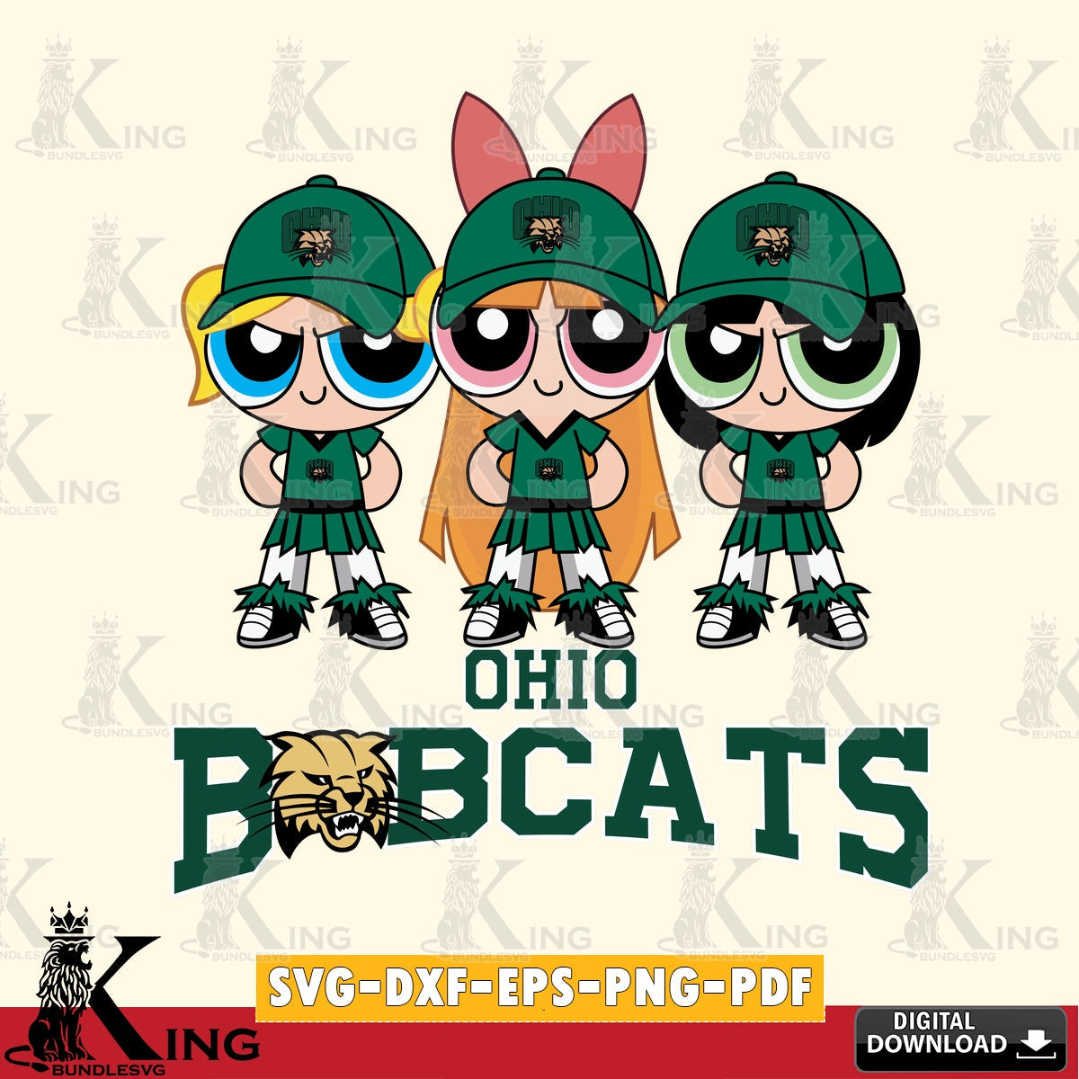 Artistic drawing of Ohio Bobcats PowerPuff Girls Football, NCAA SVG PNG files perfect for Cricut and Silhouette cutting