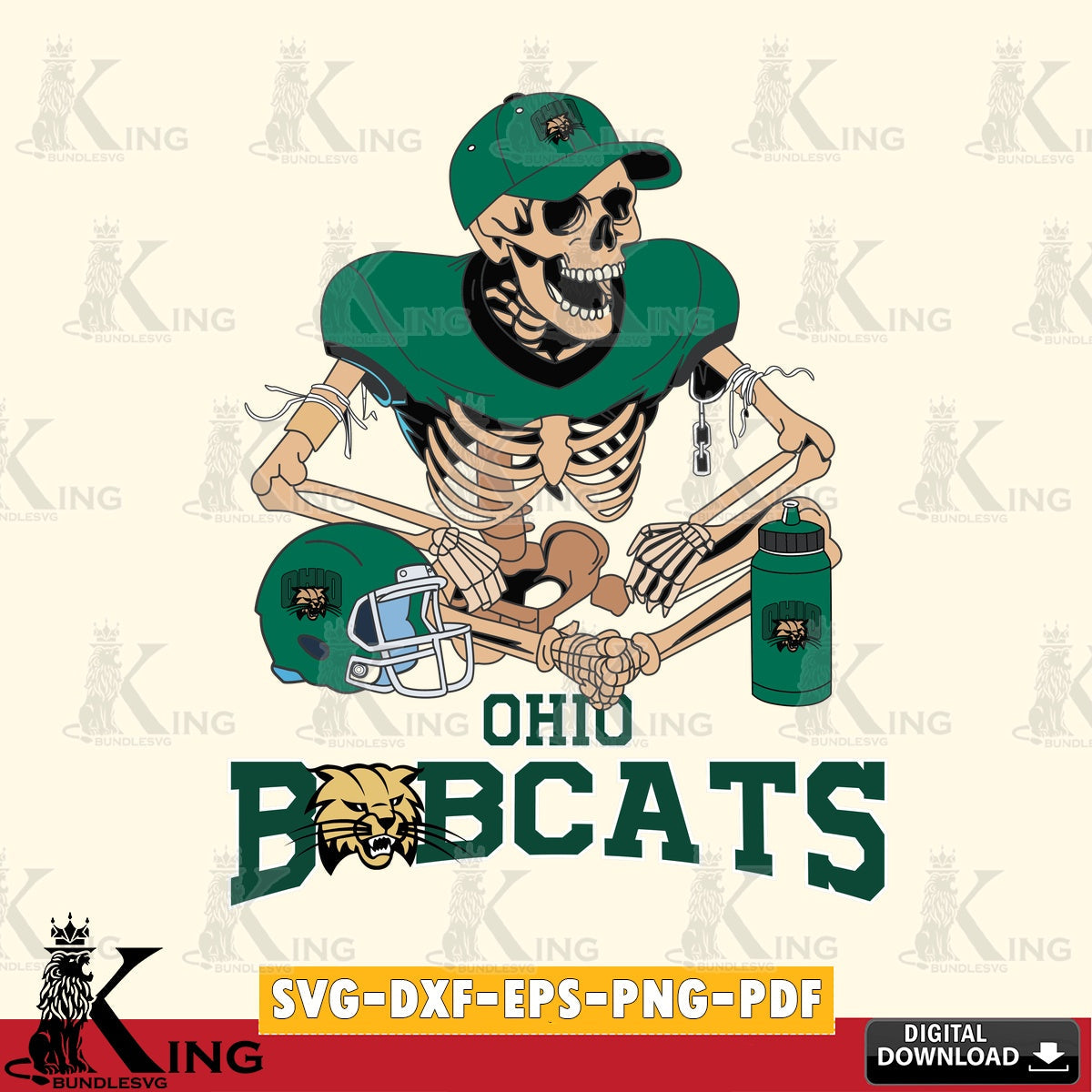 Beautiful illustration of an Ohio Bobcats skeleton football player, a cut file ideal for vinyl projects and T-shirt printing.
