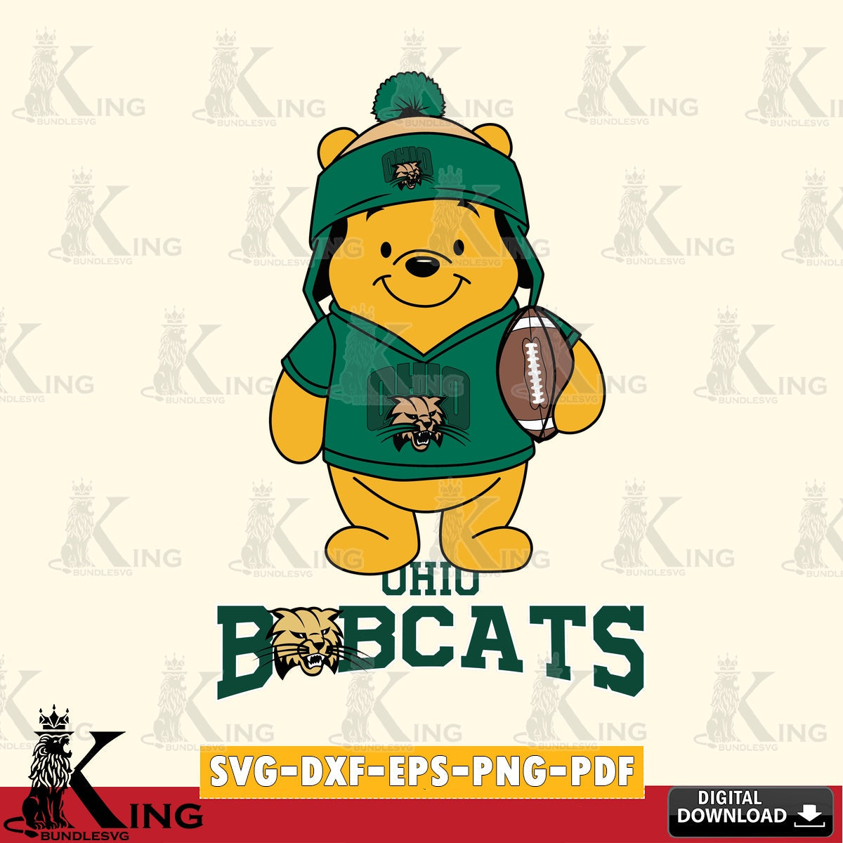 Vector design showing Ohio Bobcats Winnie the Pooh player football, digital clipart compatible with laser engraving and cutting