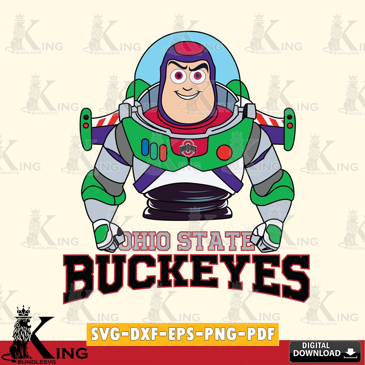 Creative design featuring Ohio State Buckeyes Buzz Lightyear football, a crafting file for iron-on transfer and vinyl decals.