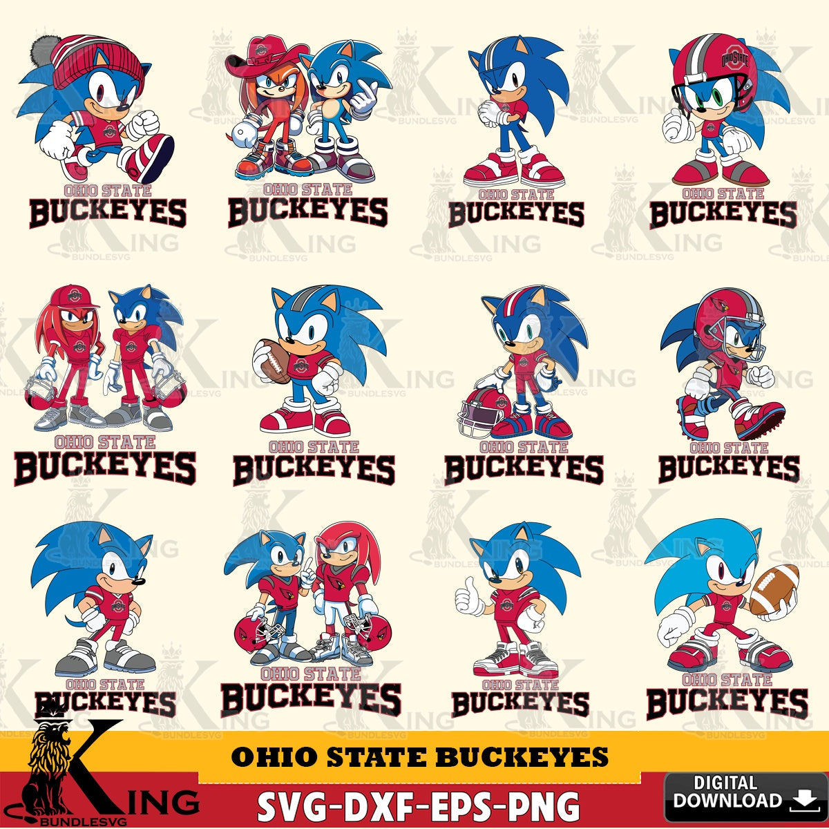 Complete bundle for Ohio State Buckeyes Sonic & Knuckles NCAA Football vector illustration for POD merchandise and apparel