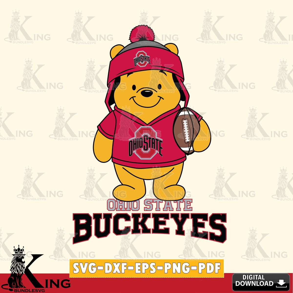 Modern graphic depicting an Ohio State Buckeyes Winnie the Pooh player football, cut file ideal for vinyl projects and T-shirt