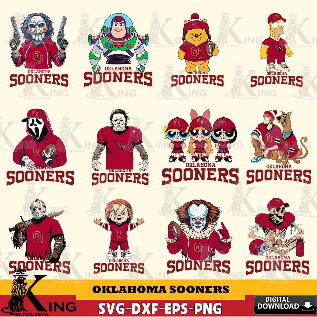 Comprehensive collection of Oklahoma Sooners cartoon football NCAA bundle, a digital file for silhouette cameo and cricut projects