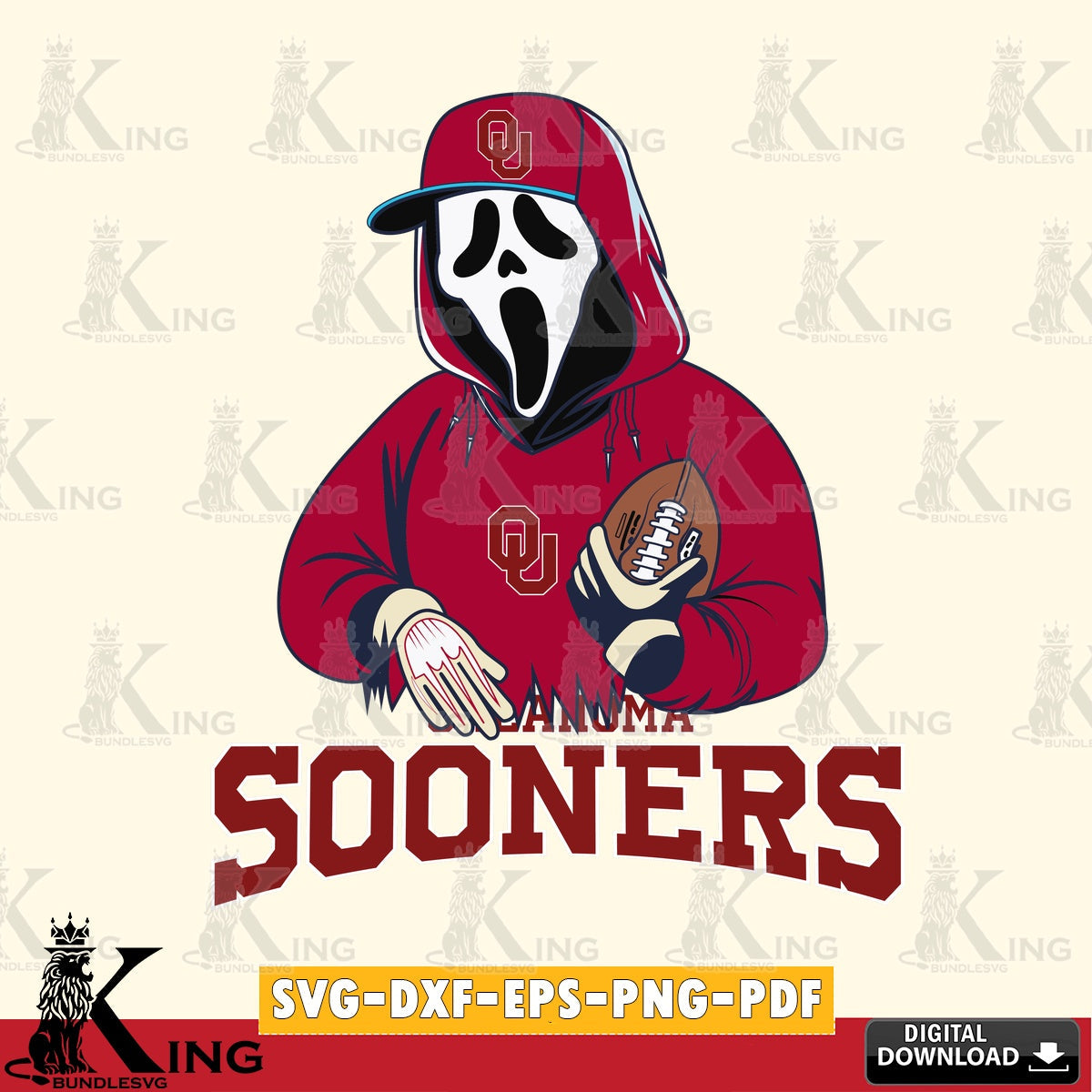 Modern graphic depicting an Oklahoma Sooners Ghostface Scream football player, SVG cut file for personalized gifts and laser