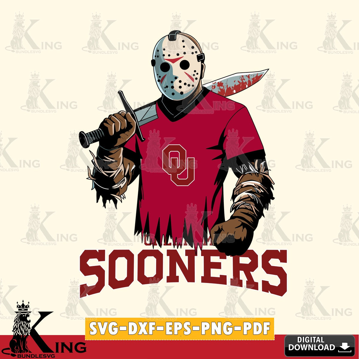 Hand-drawn style art of Oklahoma Sooners Jason Voorhees Football, NCAA, SVG cut file for personalized gifts and laser projects