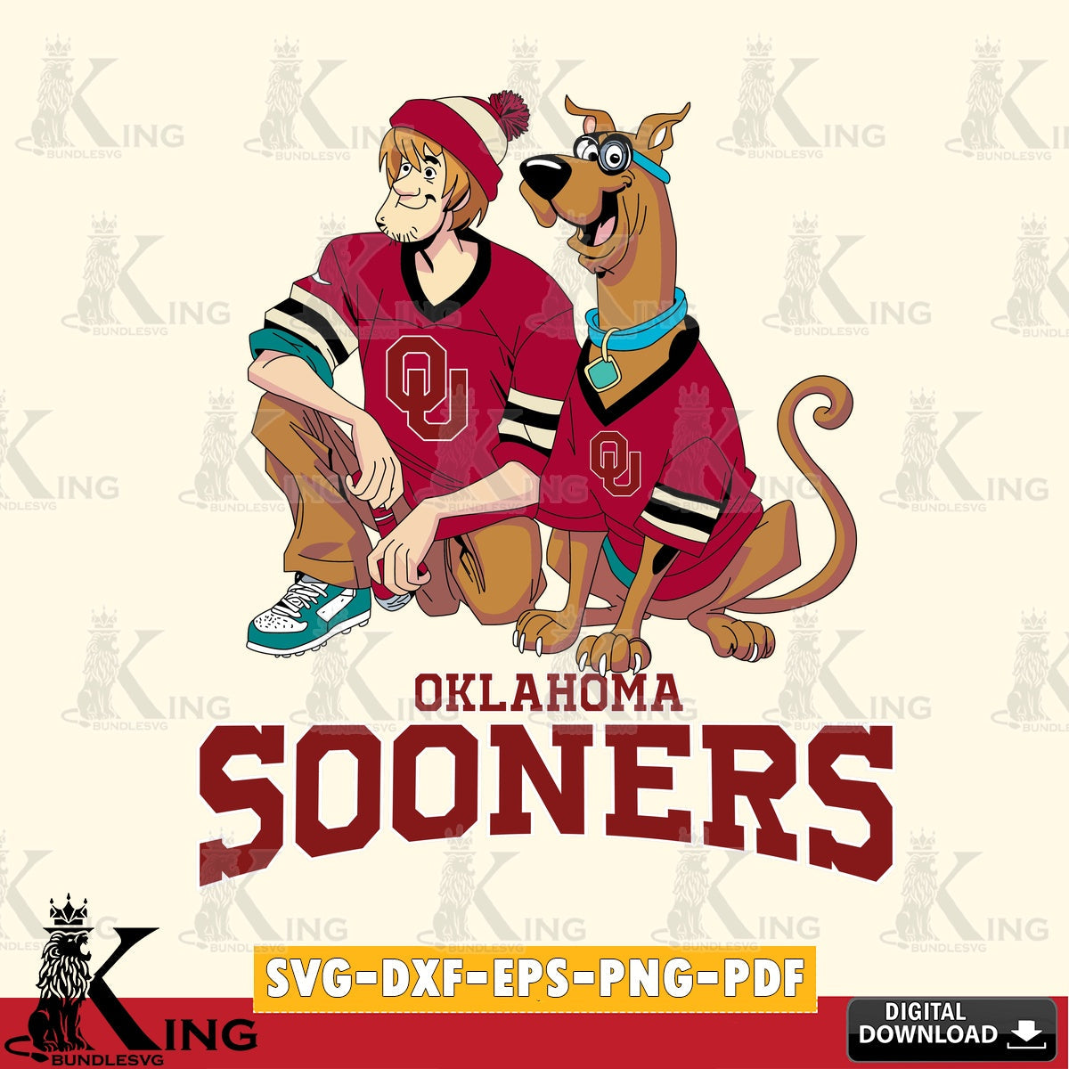 High-quality graphic of Oklahoma Sooners Shaggy and Scooby Doo football SVG cut file for personalized gifts and laser projects.