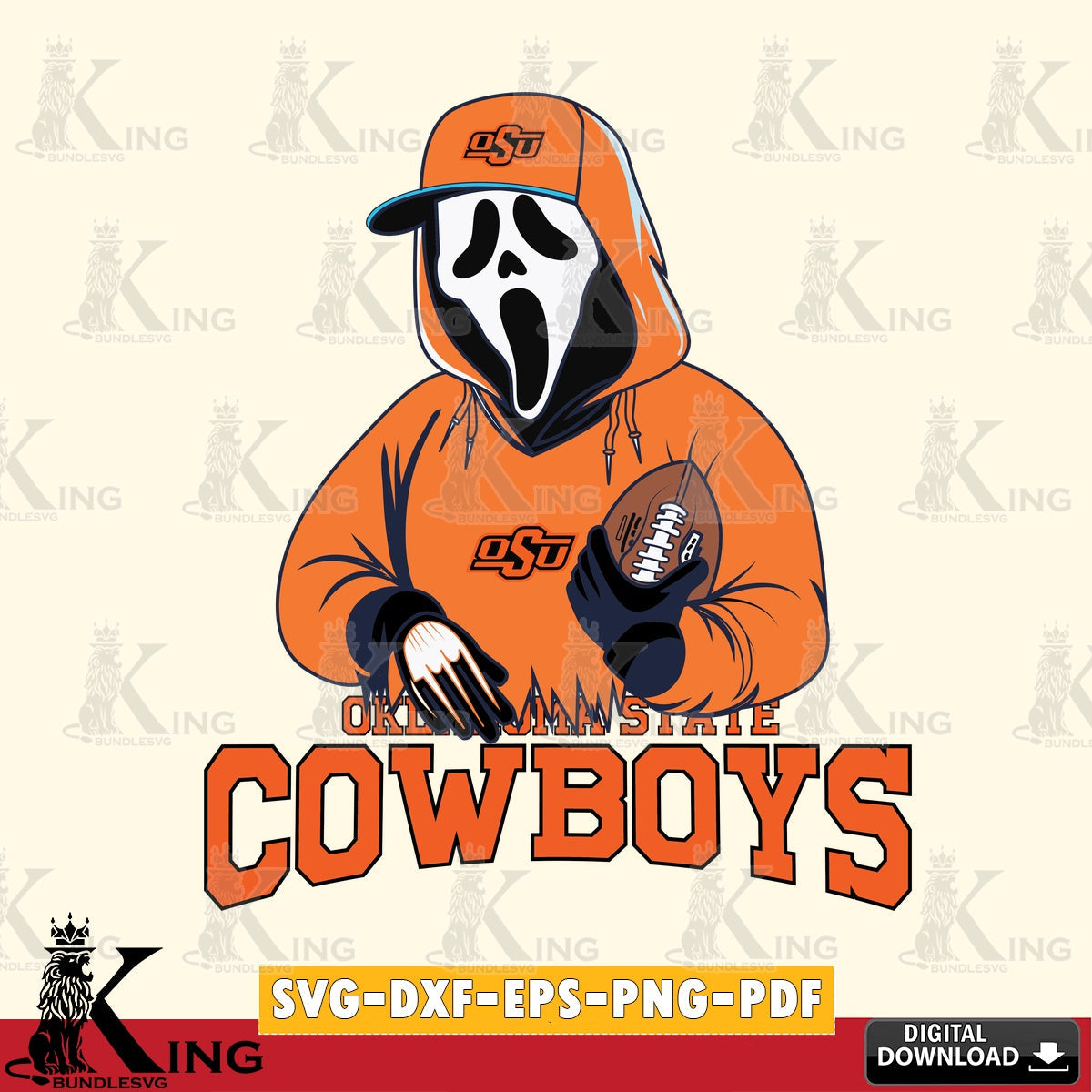 Printable art of Oklahoma State Cowboys Ghostface Scream football player, NCAA SVG PNG design suitable for Glowforge and laser