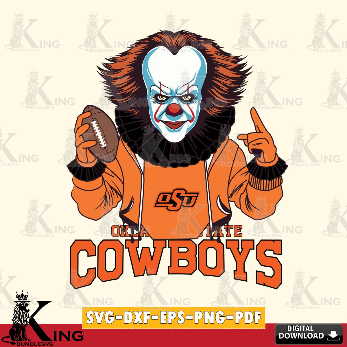 Unique artwork depicting an Oklahoma State Cowboys Pennywise football player, SVG cut file for personalized gifts and laser