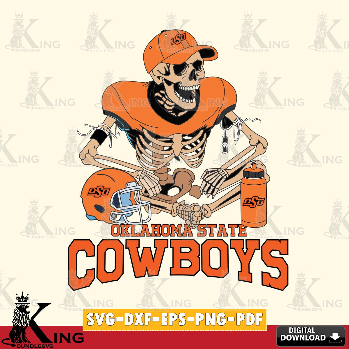 Artistic drawing of an Oklahoma State Cowboys skeleton football player, SVG cut file for personalized gifts and laser projects